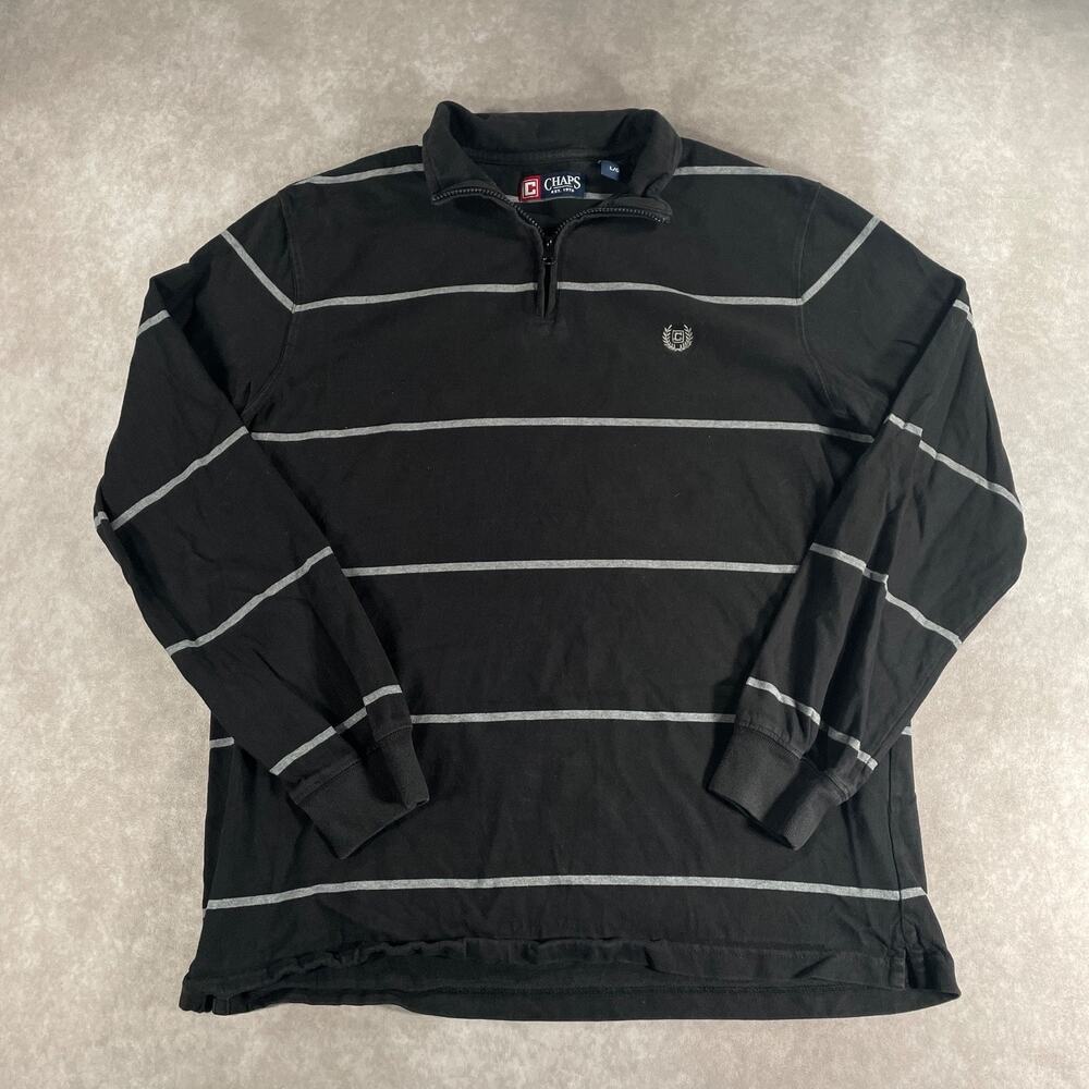 Chaps Black Gray Striped 1/4 Zip Men Large Rugby Sweater Preppy Casual